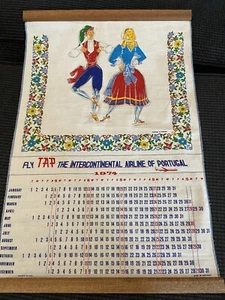 TAP Airline of Portugal Wall Hanging Calendar 1974 Linen With Wood RARE! - Picture 1 of 5