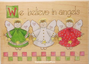 Stamps Happen WE BELIEVE IN ANGELS Holiday Background Wood Mount Rubber Stamp - Picture 1 of 2