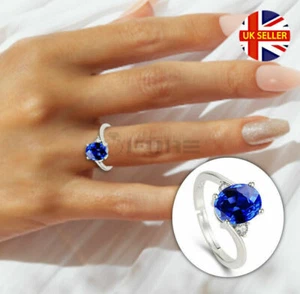 Adjustable 925 Sterling Silver Blue Topaz Stone Inlaid Engagement Promise Ring - Picture 1 of 12