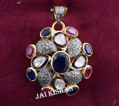 Vintage Ruby Sapphire Gemstone Pave Polki Diamond 925 Sterling Silver Pendant - Image 1 of 4