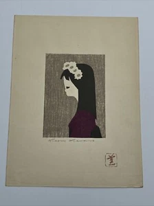KAORU KAWANO WOODBLOCK PRINT SIGNED ABSTRACT JAPANESE MODERNIST MID CENTURY GIRL - Picture 1 of 12