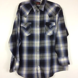 Plains Western Wear Shirt Pearl Snap Plaid BIGMAN 2X Blue Black Grey White - Picture 1 of 9