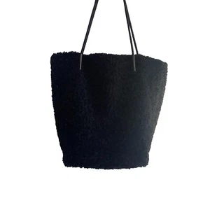 ANTHROPOLOGIE Tote Purse Sherpa Bag with Pouch Wallet with Black Leather Straps - Picture 1 of 10