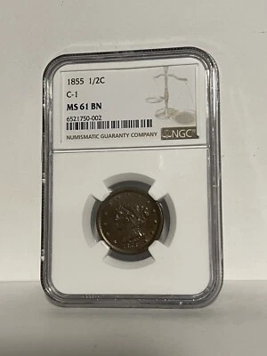 NGC MS-61 BN 1855 Braided Hair Half Cent, Sharply Struck, Lustrous specimen! - Image 1 of 2