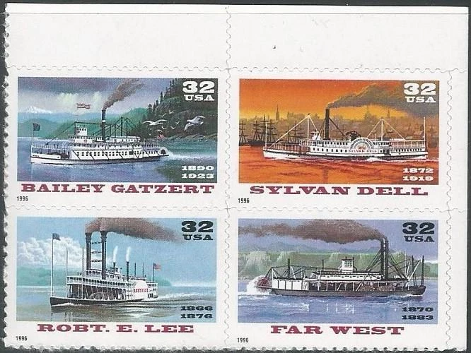 Block of 4 stamps - Scott 3091-93,95 - 32 cent - Riverboats - 1996 - MNH - Image 1 of 1