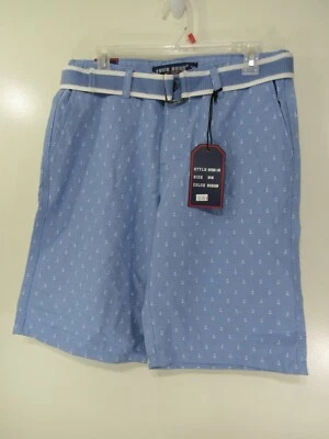 Novo Shorts Masculino True Rock Tamanho 30 Azul Claro Branco Âncoras Cinto Frente Plana  - Imagem 1 de 4