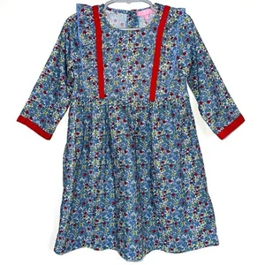 Bisby Girls Blue Red Floral Ruffle Porto Long Sleeve Dress Size 4 - Picture 1 of 13