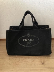 PRADA Black Canvas Tote Bag Logo Design Shoulder Handbag Purse Casual MBb1785 - Picture 1 of 14