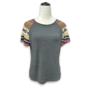 Shein T-Shirt Fair Isle Pattern Short Sleeves Scoop Neckline Gray/Multicolor L - Picture 1 of 8
