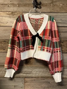 Self Christmas Holiday Women Sweater Short Size Small Red Green Plaid - Picture 1 of 10