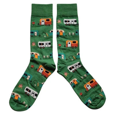 SOCK SHACK Mens Happy Campers Caravan Caravanning Green Socks 6-10 UK /39-44 Eur/ 7-11 US