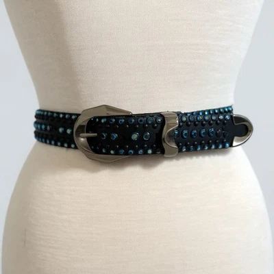 Kippys Rhinestone Swarovski Crystal Leather Belt Black with Blue Stones Size 28 - Image 1 of 4