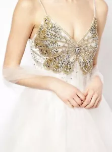Forever Unique Butterfly Detail In Gold Sequin Diamanté Dress Size 10 Tulle - Picture 1 of 13