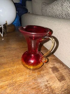 Orange Amberina Crackle Art Glass Pitcher MCM Vintage Mid Century 4.5” - Picture 1 of 6