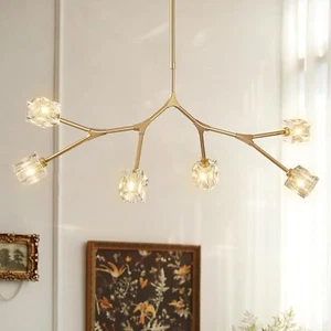 Modern Gold Sputnik Chandelier, 6 Crystal Lights, L43", Dining Room/Kitchen - Picture 1 of 6