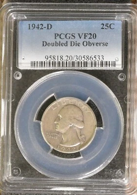1942-D DDO Washington 25C PCGS VF20 Double Die Obverse Error 90% Silver Coin - Image 1 of 2