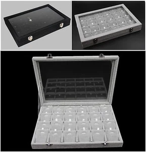 Black Grey Velvet Glass Jewellery Display Case Box Pendant Necklace 24 Divisions - Picture 1 of 14
