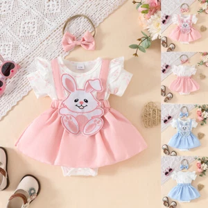 Cute Rabbit Newborn Baby Girl Romper Tops Dress Headband Outfit Set Clothes 2PCS - Picture 1 of 20