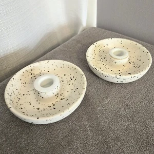 Speckled Bowl Candle Holders Stoneware Taper Dinner MCM Inspired Set Of 2 - Picture 1 of 7