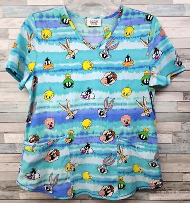 Womens Scrub Top Medium Looney Tunes Tie Dye Scrubstar Tweety Taz Medical  - Image 1 of 4
