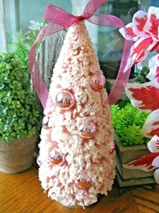 New Pink Snow Flocked Bottle Brush Christmas Tree w/ Ornaments & Trendy Bow - Picture 1 of 4