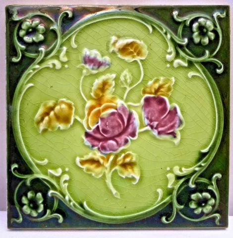 Antique Tile Majolica Art Nouveau England Rose Purple Architecture Floral #117 Cover
