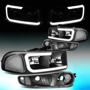 FOR 2000-2006 GMC YUKON SIERRA DENALI LED DRL HEADLIGHT+BUMPER LAMP BLACK/CLEAR - Picture 1 of 8