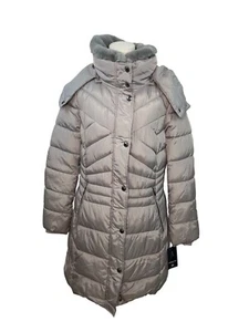 London Fog Women’s Puffer Coat W/ Faux Fur Trim Hood  Gray Size M - New - Picture 1 of 11