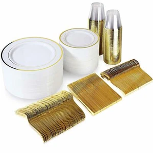 Gold Dinnerware 200 White/Gold Plastic Plates 300 Silverware 100 Cups - 600 PCS - Picture 1 of 7