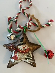 Rustic Snowman Metal Star Ornaments W/ Bells And Ribbon - Picture 1 of 3