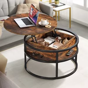 Lift Top Coffee Table with Hidden Compartment Storage Shelf Round Center Table - Picture 1 of 8