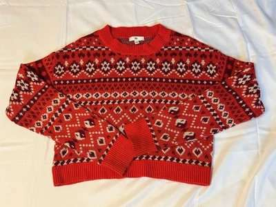 Suéter recortado BP para mujer cuello redondo suéter rojo Yin Yang Hearts Fair Isle XS Foto 1 de 4