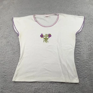 Camisa Doggonits Vintage Años 70 Para Mujer L Blanco Púrpura Borde Flores Mezcla Algodón - Imagen 1 de 16
