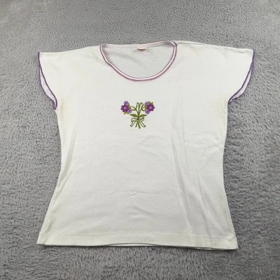 Camisa Doggonits Vintage Años 70 Para Mujer L Blanco Púrpura Borde Flores Mezcla Algodón Foto 1 de 4
