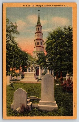 Charleston South Carolina~St Philip Church~Cemetery~Steeple~Linen 1940s Postcard - Image 1 of 2