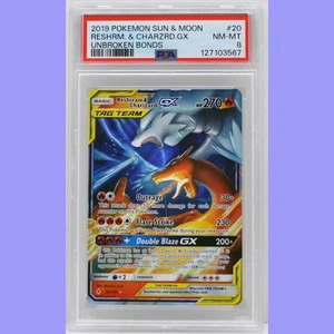 Pokemon Reshiram & Charizard GX  #20 Unbroken Bonds PSA 8 NM/Mint - Picture 1 of 4