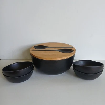  Black Salad Bowl Set, 9.8Inches Large Bamboo Fiber Salad Bowl with Lid W/4 Bowl - Image 1 of 4