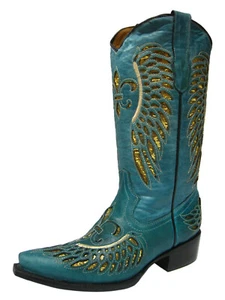 Rodeo Damenstiefel türkis gold Fleur-de-Lis Flügel Botas Mujer Größe 4,5-6,5 - Bild 1 von 5