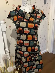 Izabel London Owl Print Tunic Short Dress Size 8 Pockets Stretch - Picture 1 of 6
