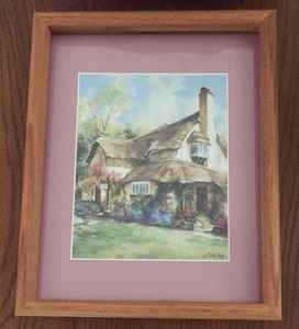 Muy bonita impresión artística enmarcada firmada por Marty Bell "Periwinkle Cottage Tea Rooms" - Imagen 1 de 5