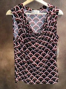 Kasper M NWT Draped Neck Blouse Sleeveless Career Black Red Circles Top Pm🧡 - Picture 1 of 9