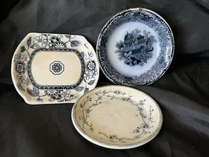 3 Antique Blue & White Butter Dishes Lot Transfeware Antique Miniature Dishes 3" - Picture 1 of 9