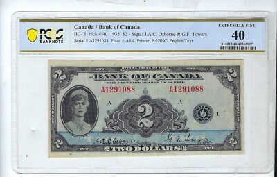 1935 Bank of Canada $2 Dollar  Bank Note BC-3 PCGS 40 - Image 1 of 2