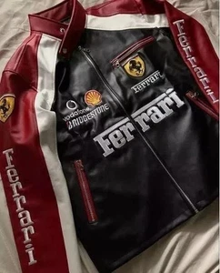 90's Red Ferrrai Embroidered Vintage F1 Racing Leater Motorbike Riding Jacket - Picture 1 of 3