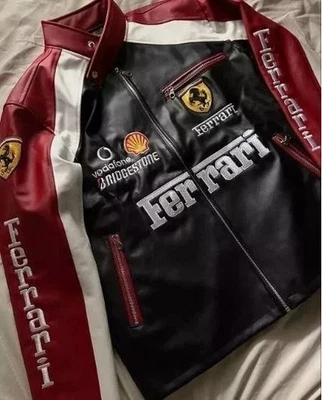 90's Red Ferrrai Embroidered Vintage F1 Racing Leater Motorbike Riding Jacket - Image 1 of 3