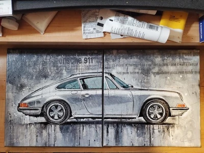 Porsche 911 Turbo 1972 prata carro esportivo arte pintada à mão lona decoração de parede - Imagem 1 de 4