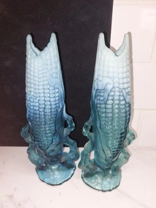 2 Dugan Corn Vase 1900s Aqua/Blue Opalescent Northwood/Dugan Corn Cob Shape GC - Picture 1 of 6