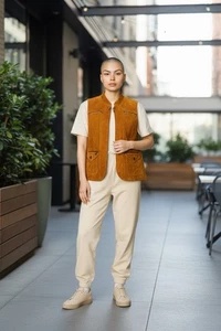 Vintage Leather Suede Women’s Vest Western Cowboy Style Tan Brown Size Large - Picture 1 of 9
