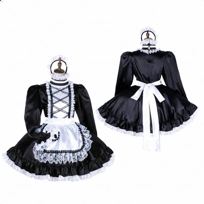 French maid girl Sissy dress Black satin lockable Cosplay Costumes Tailor-made - Image 1 of 4