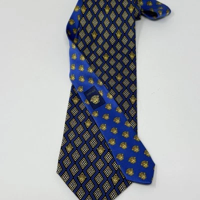 Gravata masculina GIANNI VERSACE Medusa vintage azul/dourado 100% seda Itália - Imagem 1 de 4